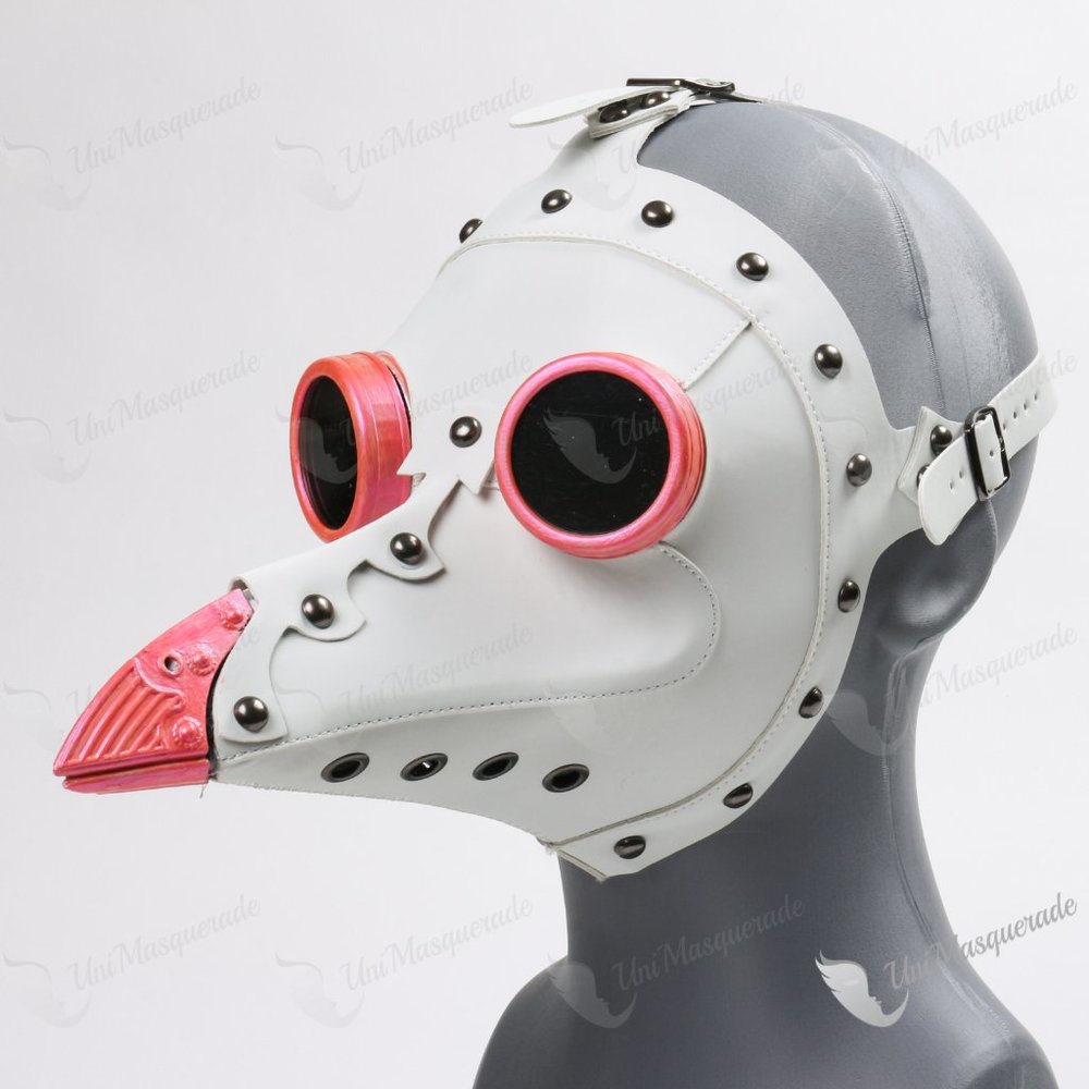 White Leather Plague Doctor Venetian Masquerade Party Mask w/ Pink Goggles Beak